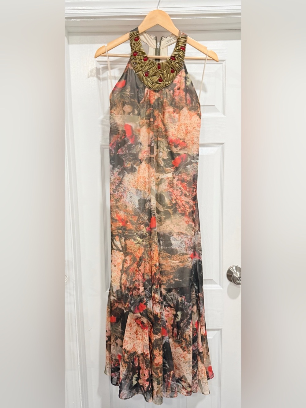 Alice + Olivia Halter Maxi Dress in Coral, Olive & Black Floral - Picture 3 of 8